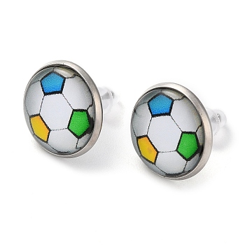 Sport Balls Glass & 304 Stainless Steel Stud Earrings for Women, Stainless Steel Color, Football, 15.5mm