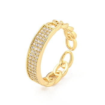 Oval Chain Brass Micro Pave Clear Cubic Zirconia Open Cuff Rings, Long-Lasting Plated, Golden, 4mm, US Size 6 1/2(16.9mm)