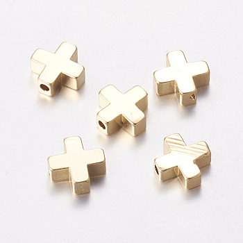 Brass Beads, Cross, Real 18K Gold Plated, 8x8x3mm, Hole: 1.4mm