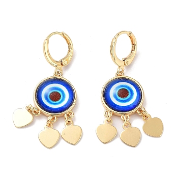 Real 18K Gold Plated Brass Heart Chandelier Earrings, Glass Evil Eye Drop Earrings, Blue, 40.5x14mm