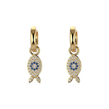 Fish 925 Sterling Silver Micro Pave Cubic Zirconia Leverback Earrings for Woman, Real 18K Gold Plated, 24.5x6mm