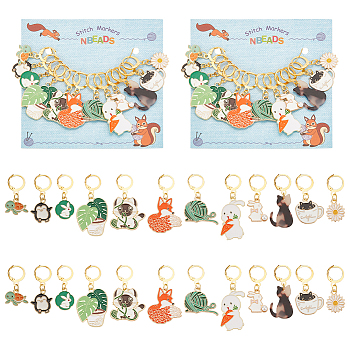 Alloy Enamel & Acrylic Pendant Stitch Markers, Crochet Leverback Hoop Charms, Locking Stitch Marker with Wine Glass Charm Ring, Cat/Rabbit/Fox, Mixed Color, 2.9~5cm, 12 style, 1pc/style, 12pcs/set