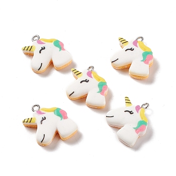 Opaque Resin Unicorn Pendants, with Platinum Tone Iron Loops, Colorful, 22.5x19x6mm, Hole: 2mm
