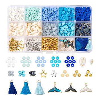 Ocean Theme Beads & Charms DIY Jewelry Making Finding Kit, Including Polymer Clay Beads, Gemstone Chip Beads, Natural Shell Beads, Alloy & Alloy Enamel & Polycotton Tassel Pendants, Brass & Iron Spacer Beads, Blue, Pendants: 42pcs/box