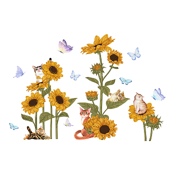 PVC Wall Stickers, Wall Decoration, Sunflower & Cat, 800x390mm, 2pcs/set