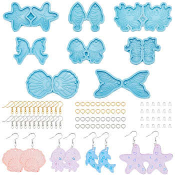 SUPERFINDINGS Resin Casting Molds, Shell & Fishtail & Sea Horse & Dolphin & Fish Pendant Silicone Molds, with Iron Open Jump Rings & Earring Hooks, Plastic Ear Nuts, Sky Blue, Molds: 8Pcs/box