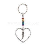Heart Alloy Pendant Keychain, with Chakra Gemstone Chip and Iron Split Key Rings, Wing, 7.4cm(KEYC-JKC00626-01)