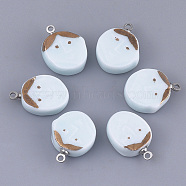 Handmade Porcelain Pendants, Bright Glazed Porcelain, with Brass Findings, Oval with Face, Platinum, Azure, 17~18x12~13x5~5.5mm, Hole: 1.5mm(X-PORC-T002-30)