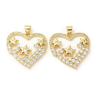Rack Plating Brass Micro Pave Cubic Zirconia Pendants, Long-Lasting Plated, Lead Free & Cadmium Free, Heart with Star Charms, Real 18K Gold Plated, 23x24.5x3mm, Hole: 5x3mm(KK-F869-22G)