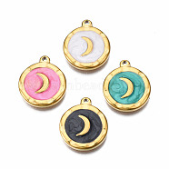 304 Stainless Steel Pendants, with Enamel, Flat Round with Moon, Golden, Mixed Color, 18x15x2.5mm, Hole: 1.4mm(STAS-S080-052G-NR)