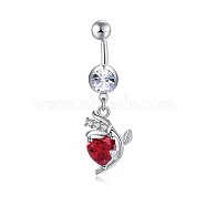 Brass Cubic Zirconia Navel Ring, Belly Rings, with 304 Stainless Steel Bar, Cadmium Free & Lead Free, Flower, Red, 43mm, Bar: 15 Gauge(1.5mm), Bar Length: 3/8"(10mm)(AJEW-EE0004-34A)