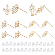 12Pcs 2 Style Brass Micro Pave Clear Cubic Zirconia Leaf Stud Earring Findings, with Horizontal Loops and 50Pcs Plastic Ear Nuts, Golden, 10~15x7.5~8mm, Hole: 1.2~1.6mm, Pin: 0.7~0.8mm, 6Pcs/style(KK-HY0001-77)