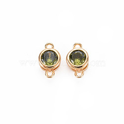 Brass Connector Charms, with Rhinestone, Nickel Free, Real 18K Gold Plated, Flat Round, Olivine, 9x5x3mm, Hole: 1mm(KK-S364-159G)