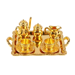 Mini Alloy Tea Cup Sets, includ Teapot, Creamer, Sugar Bowl, Serving Tray, Cup & Saucer, Miniature Ornaments, Micro Landscape Garden Dollhouse Accessories, Golden, 67x48mm(PW-WGC6445-01)