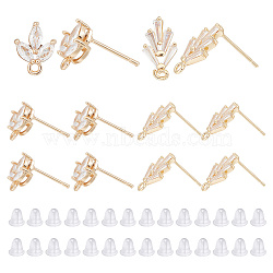12Pcs 2 Style Brass Micro Pave Clear Cubic Zirconia Leaf Stud Earring Findings, with Horizontal Loops and 50Pcs Plastic Ear Nuts, Golden, 10~15x7.5~8mm, Hole: 1.2~1.6mm, Pin: 0.7~0.8mm, 6Pcs/style(KK-HY0001-77)