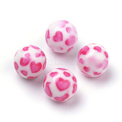 Opaque Printed Acrylic Beads, Round with Heart Pattern, Hot Pink, 10x9.5mm, Hole: 2mm(X-MACR-S271-10mm-21)