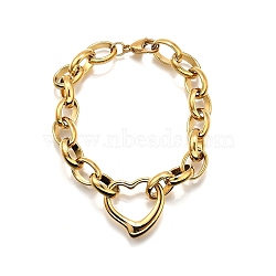 304 Stainless Steel Charm Bracelets, Cable Chain Bracelets for Women, with Hollow Out Heart, Golden, 8-1/4 inch(21cm)(BJEW-Q050-02G)