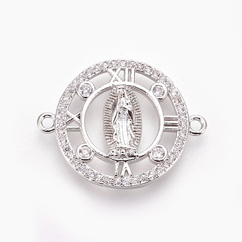 Brass Micro Pave Cubic Zirconia Links, Lead Free & Cadmium Free & Nickel Free, Long-Lasting Plated, Flat Round with Virgin Mary, Clear, Platinum, 24x19x3mm, Hole: 1.2mm