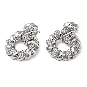 Twist Ring Clear Cubic Zirconia Stud Dangle Earrings, Brass Earrings for Women, Platinum, 31x24mm
