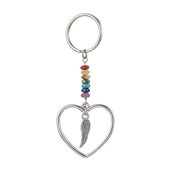 Heart Alloy Pendant Keychain, with Chakra Gemstone Chip and Iron Split Key Rings, Wing, 7.4cm