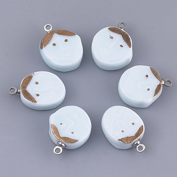Handmade Porcelain Pendants, Bright Glazed Porcelain, with Brass Findings, Oval with Face, Platinum, Azure, 17~18x12~13x5~5.5mm, Hole: 1.5mm