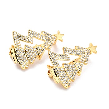 Brass Micro Pave Clear Cubic Zirconia Brooch for Christmas, Long-Lasting Plated, Lead Free & Cadmium Free & Nickel Low, Christmas Tree, Golden, 26.5x18x8mm, Pin: 0.8mm