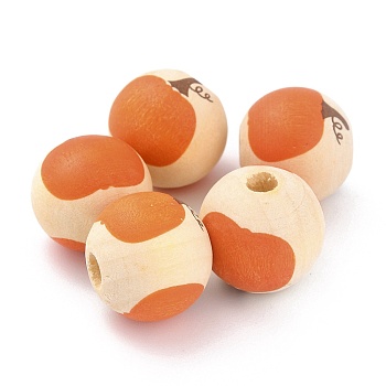 Autumn Theme Natural Wooden Beads, Round with Pumpkin Pattern, Chocolate, 16x15mm, Hole: 4mm