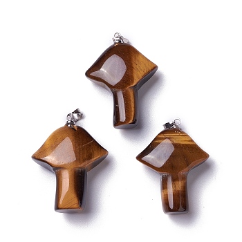 Natural Tiger Eye Pendants, with Platinum Tone Brass Snap on Bails, Mushroom Charms, 27~28.5x22~23x9.5~10.5mm, Hole: 5x4mm