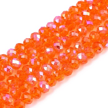 Electroplate Glass Beads Strands, Half Rainbow Plated, Faceted, Rondelle, Orange, 3.5~3.8x3mm, Hole: 0.4mm, about 113~115pcs/strand, 32.5~33cm