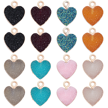 SUPERFINDINGS Electroplate Druzy Resin Pendants, with Iron Findings, Heart, Light Gold, Mixed Color, 15x12x3.5~4mm, Hole: 1mm, 32pcs/box