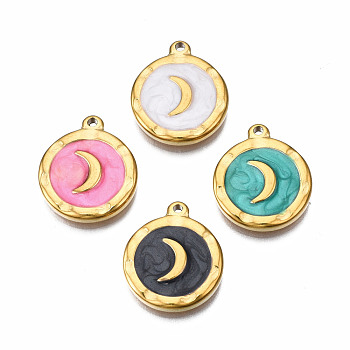 304 Stainless Steel Pendants, with Enamel, Flat Round with Moon, Golden, Mixed Color, 18x15x2.5mm, Hole: 1.4mm