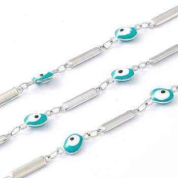 304 Stainless Steel Enamel  Link Chains, Evil Eye & Bar, Unwelded, with Spool, Stainless Steel Color, Cyan, Evil Eye: 12x6x3mm, Bar: 15x3x1mm, 16.4 Feet(5m)/roll