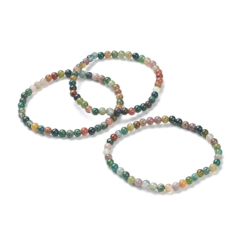Natural Indian Agate Beaded Stretch Bracelets, Round, Beads: 4~5mm, Inner Diameter: 2-1/4 inch(5.65cm)