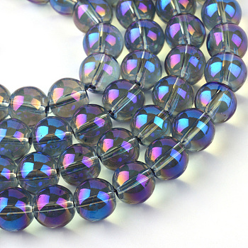 Electroplate Glass Beads Strands, Rainbow Plated, Round, Dodger Blue, 7.5x8.5mm, Hole: 1mm, about 104pcs/strand, 30.3 inch