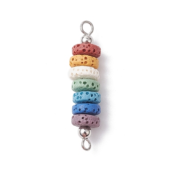 10Pcs Dyed Natural Lava Rock Connector Charms, 7 Colors Disc Links with Platinum Plated Iron Double Loops, Platinum, 37x8mm, Hole: 1.8mm