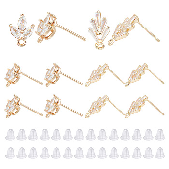 12Pcs 2 Style Brass Micro Pave Clear Cubic Zirconia Leaf Stud Earring Findings, with Horizontal Loops and 50Pcs Plastic Ear Nuts, Golden, 10~15x7.5~8mm, Hole: 1.2~1.6mm, Pin: 0.7~0.8mm, 6Pcs/style