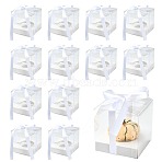 Square PET & Paper Bakery Box, with Polyester Ribbon for Cake Storage Container, White, 90x90x90mm(CON-FZC0002-004B)