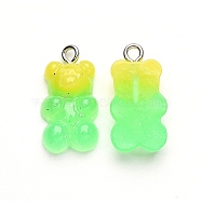 Gradient Color Opaque Resin Pendants, with Glitter Powder and Platinum Tone Iron Peg Bails, Bear, Lime, 21x11x6.5mm, Hole: 2.0mm(RESI-R433-02E)