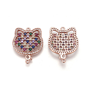 Brass Micro Pave Cubic Zirconia Links, Cat, Colorful, Rose Gold, 26x20x3mm, Hole: 1.2mm(ZIRC-L076-016RG)