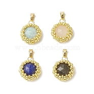 Natural Mixed Gemstone Faceted Flat Round Charms, with Seed Beads Wrapped and Brass Snap on Bails, Real 18K Gold Plated, 14.5x6mm, Hole: 5x3mm(PALLOY-MZ00095)