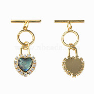 Brass Micro Pave Clear Cubic Zirconia Toggle Clasps, with Synthetic Abalone Shell/Paua Shell, Nickel Free, Heart, Real 18K Gold Plated, 37mm, Hole: 1mm, Heart: 18x13x3mm(KK-N233-238)