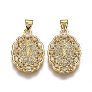 Brass Micro Pave Clear Cubic Zirconia Pendants, Long-Lasting Plated, for Buddhist, Oval with Buddha, Real 18K Gold Plated, 22.5x15x2.5mm, Hole: 5mm(ZIRC-A011-24G)