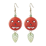 Synthetic Turquoise Pumpkin & Glass Leaf Dangle Earrings, with Brass Earring Pins, Dark Orange, 73x24.5mm(EJEW-TA00408)