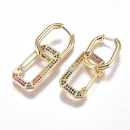 Brass Micro Pave Cubic Zirconia Dangle Huggie Hoop Earrings, Long-Lasting Plated, Rectangle, Golden, Colorful, 39mm, Pin: 1mm(EJEW-G279-01G-03)
