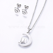 304 Stainless Steel Jewelry Sets, Stud Earrings and Pendant Necklaces, Moon with Owl, Stainless Steel Color, Necklace: 17.7 inch(45cm), Stud Earrings: 9x7.5x1.2mm, Pin: 0.8mm(SJEW-O090-24P)