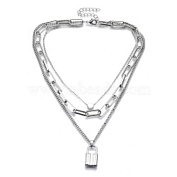 Zinc Alloy 3 Layered Necklaces, Lead Free & Nickel Free, with Lobster Claw Clasps and Heart Beads, Padlock, Platinum, 14.17 inch(36cm)(NJEW-N047-004-RS)