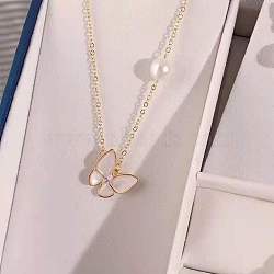 Butterfly Brass Pave Natural Shell Pendant Necklaces, with Natural Freshwater Pearl, Golden, 15.75 inch(40cm)(WG9742F-01)