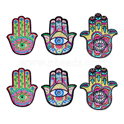 6pcs 3 style Computerized Embroidery Cloth Iron On Sequins Patches, Stick On Patch, Costume Accessories, Appliques, Hamsa Hand/Hand of Miriam with Evil Eye, Colorful, 207~278x158~210x1~1.4mm, 2pcs/style(PATC-AR0001-01)