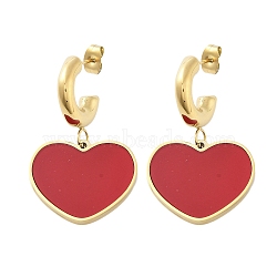 Ion Plating(IP) 304 Stainless Steel Heart Stud Earrings, with Enamel for Women, Real 18K Gold Plated, FireBrick, 40x23.5mm(EJEW-A114-11G-02)