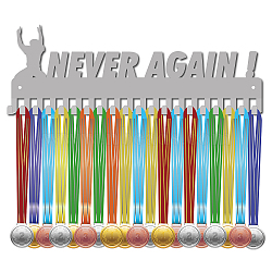 Fashion Iron Medal Hanger Holder Display Wall Rack, 20 Hooks, with Screws, Word Never Again, Word, 139x400mm, Hole: 5mm(ODIS-WH0037-084)